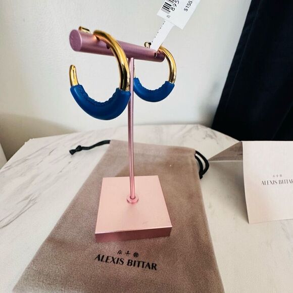 Alexis‎ Bittar Retro Memphis 14K Yellow Goldplated Half-Hoop Earrings, Blue, NWT - Picture 15 of 16